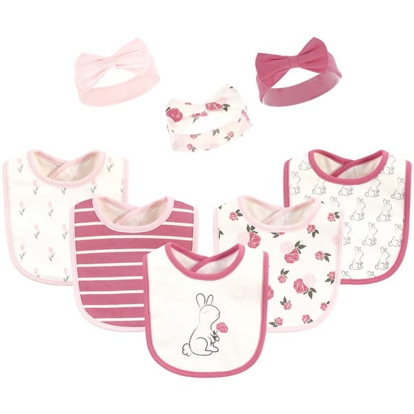 slide 1 of 1, Hudson Baby Infant Girl Cotton Bib and Headband or Caps Set 8pk, Pink Bunny, One Size - Pink Bunny - One Size One Size - Pink Bunny