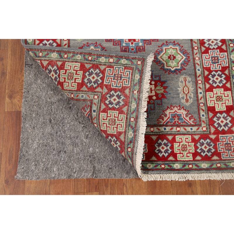 Gray Geometric Kazak Runner Rug Handmade Wool Carpet - 2'9" x 9'7"