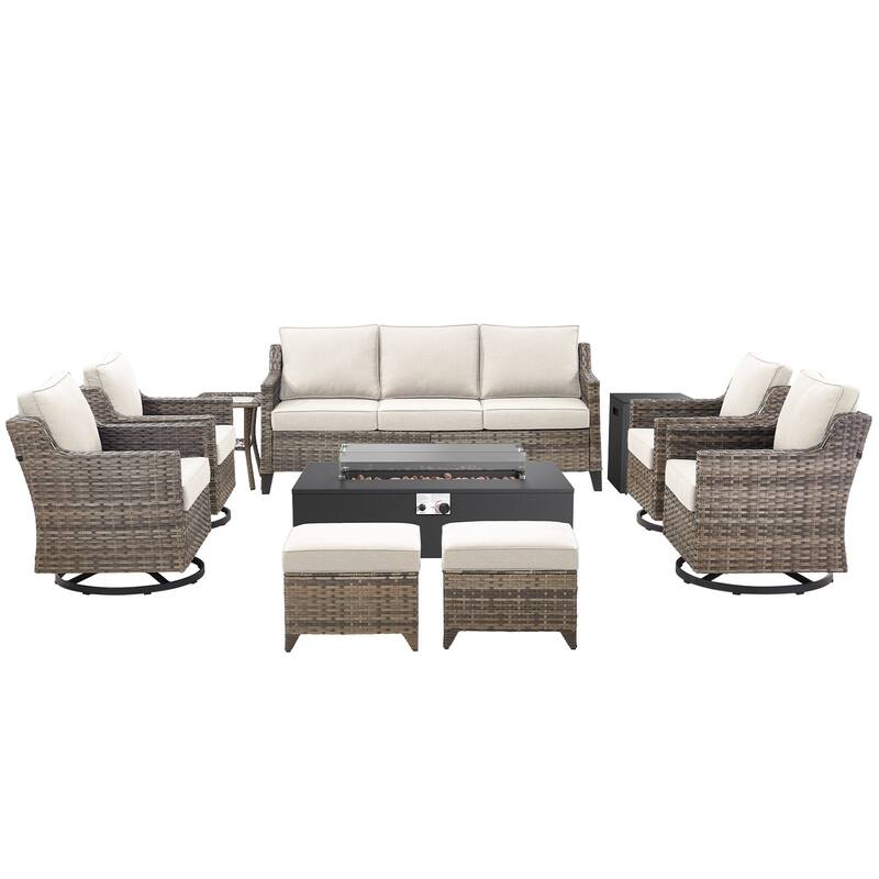 Glissia 9-Piece Gray Wicker Fire Pit Conversation Set with Modern Steel Fire Pit