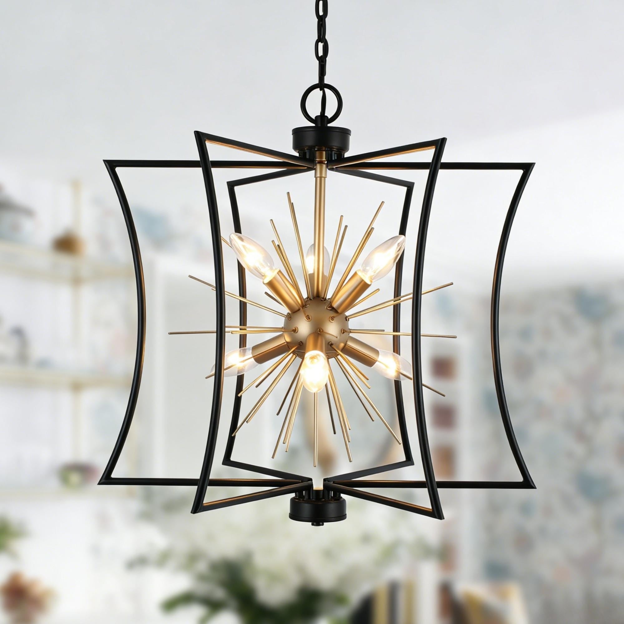 Modern Farmhouse 6-Light Black Gold Sputnik Chandelier Metal Cage Pendant Lighting for Dining Room - 20.5" D x 21.5'' H