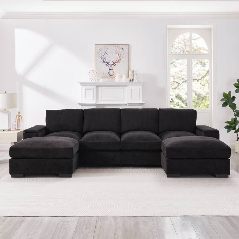 U-Shaped Sectional Sofa with Movable Ottomans, Comfy Corduroy Deep Seat Sofa, Large 4 Seat Sofa with Storage Armrests