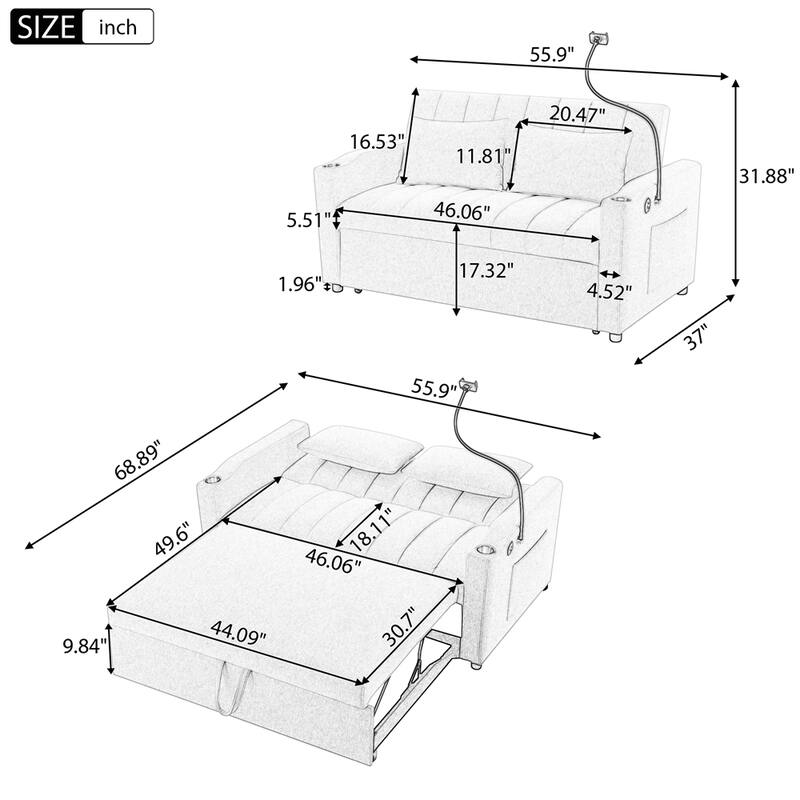 Convertible Sofa Bed with 3 USB Ports, 2 Side Pockets,2 Cup Holders