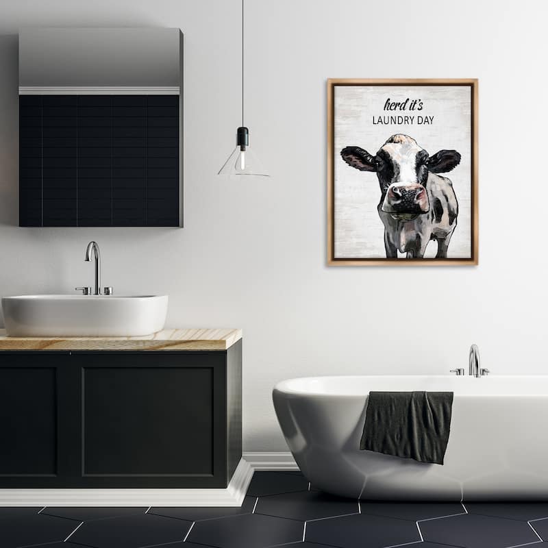 Stupell Herd It's Laundry Day Cow Framed Floater Canvas Wall Art Design By Lettered and Lined