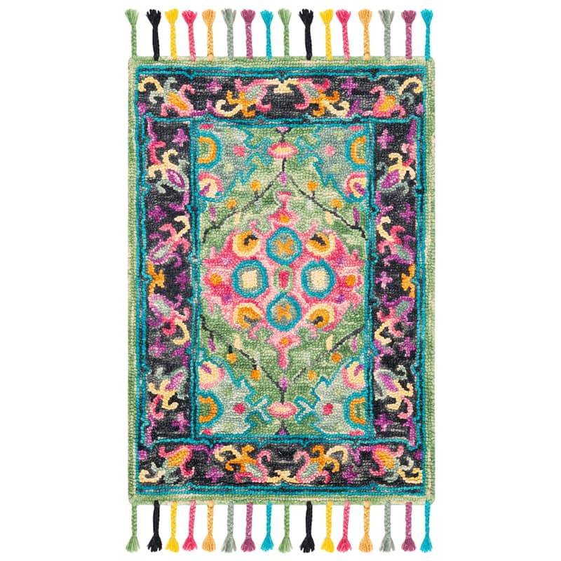SAFAVIEH Handmade Aspen Gustl Boho Tassel Wool Rug - 2' x 3' - Light Green/Black
