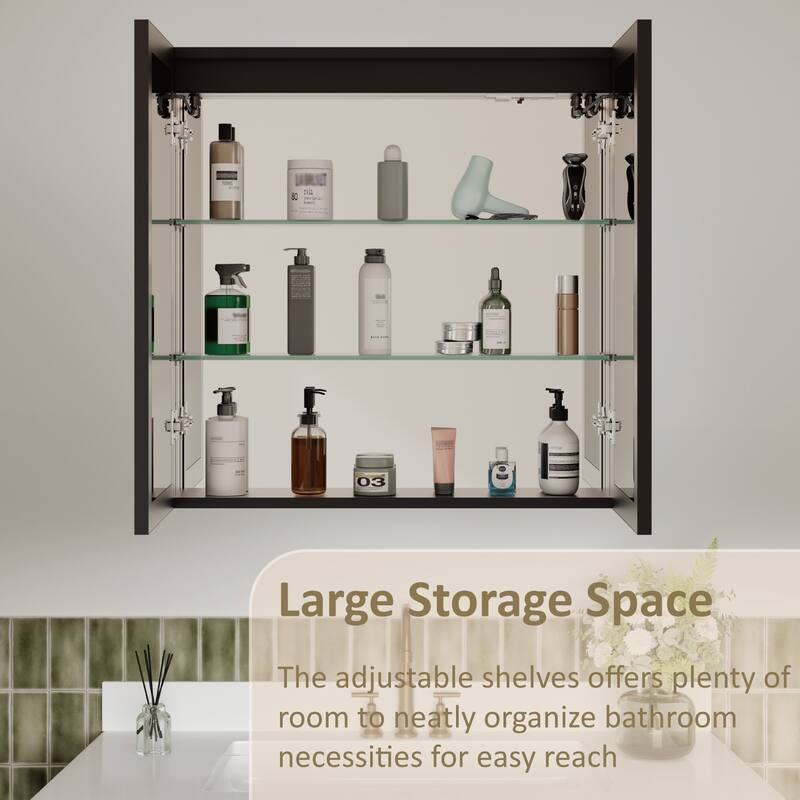 Grand Aluminum Medicine Cabinet with Mirror, Adjustable Shelves, Dimmable Light, Anti-Fog, Recessed or Wall Mount