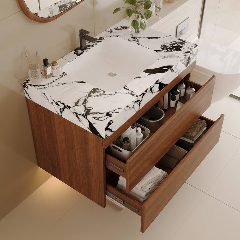 29.9" Modern Floating Bathroom Vanity with Faux Marble Top and Ceramic Undermount Sink, Wall-Mounted for Small Bathrooms