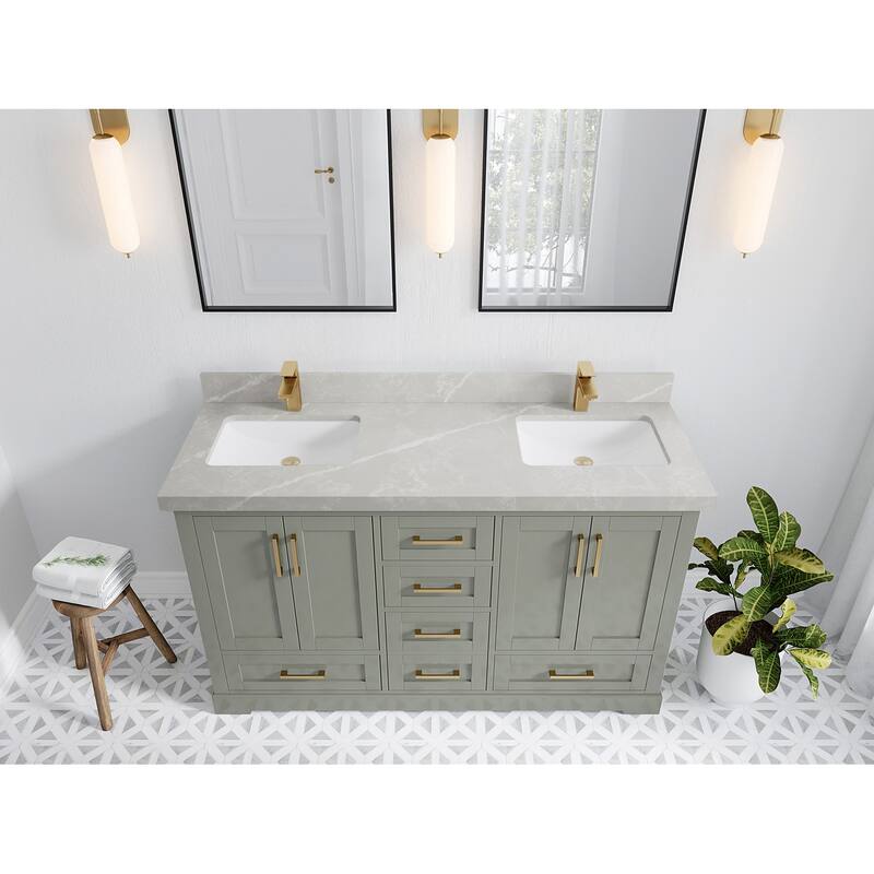 Willow Collection 60 in W x 22 in D x 36 in H Boston Double Bowl Sink Bathroom Vanity with Countertop - 2"Pearl Gray - Evergreen