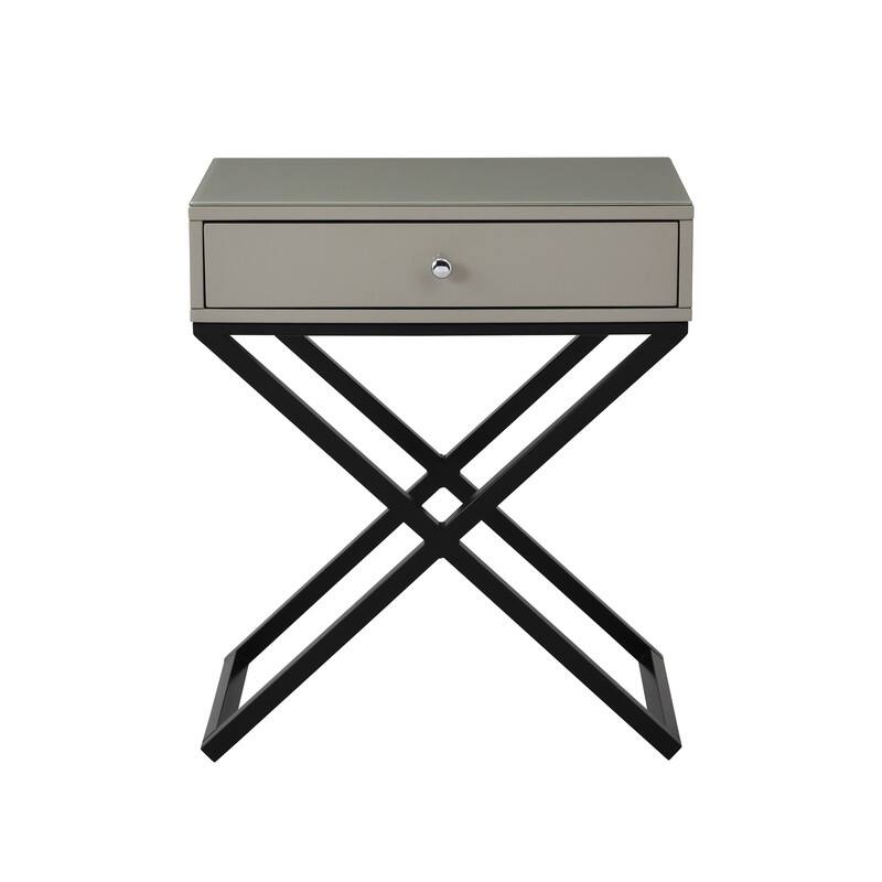 Wooden End Side Table Nightstand with Glass Top, Drawer and Metal Cross Base