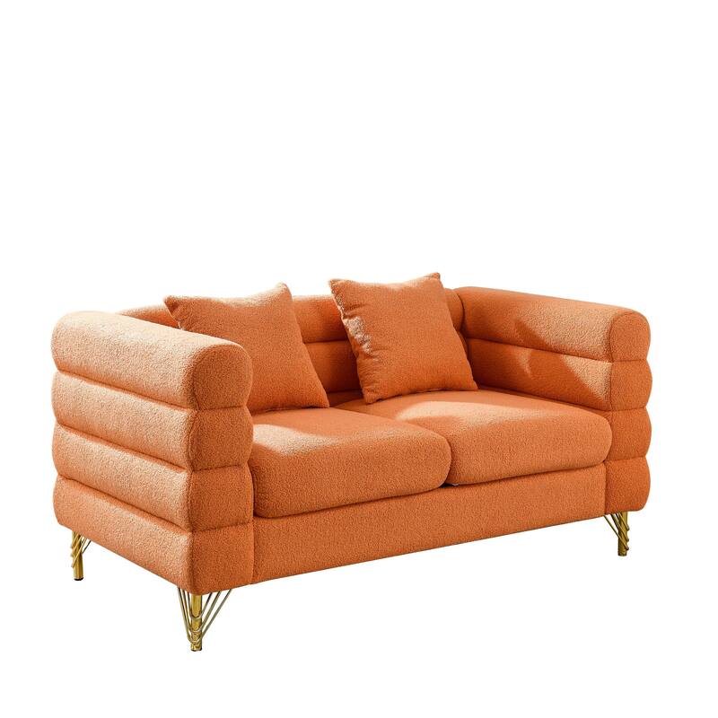 Oversized Loveseat Sofa with 2 Lumbar Pillows, Teddy Fabric Upholstered 2 Seater Sofa, Lounge Sofa with Metal Legs