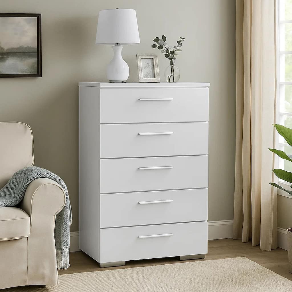 Contemporary Solid Wood Chest With Five Drawers, Glossy White