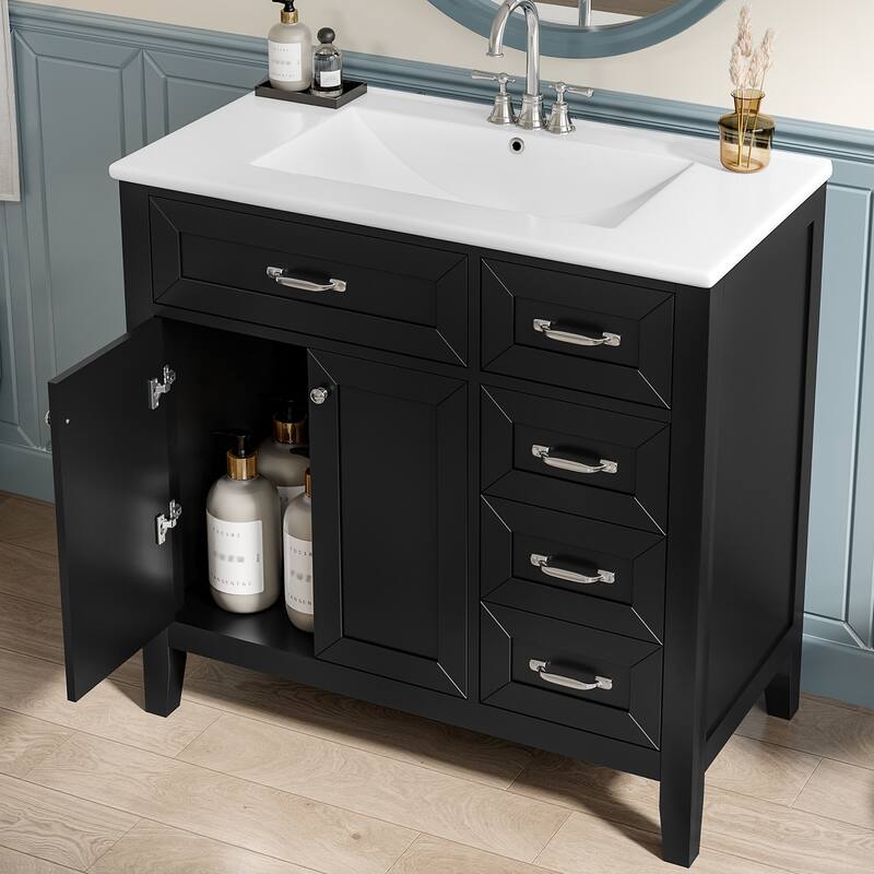 Bathroom Vanity with Single Sink, Bathroom Vanity with 3 Drawers & 2 Soft-Closing Doors, Freestanding Wood Bathroom Vanities - Black