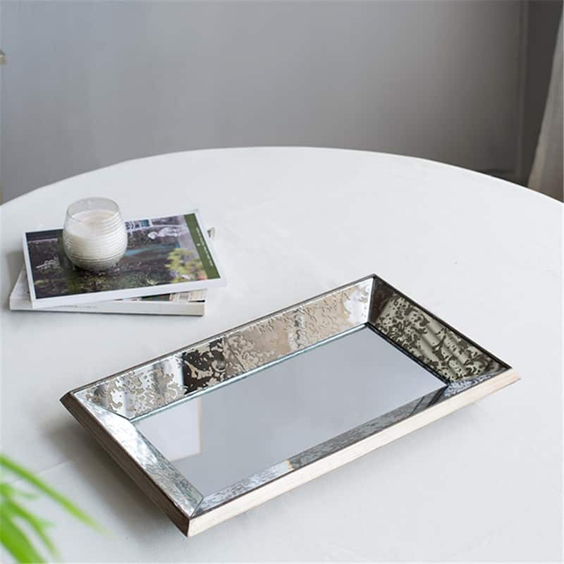 Antique Silver Rectangle Mirror w/Floral Accents,Mirrored Display Tray