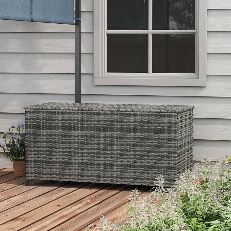 Rustic Wicker Deck Box with Wheels, Auto Close Lid and Rainproof Function for Outdoor Patio Poolside
