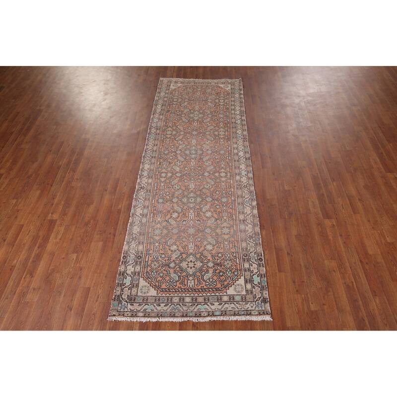 Distressed Hamedan Vintage Persian Runner Rug Hand-Knotted Wool Carpet - 3'5" x 9'4"
