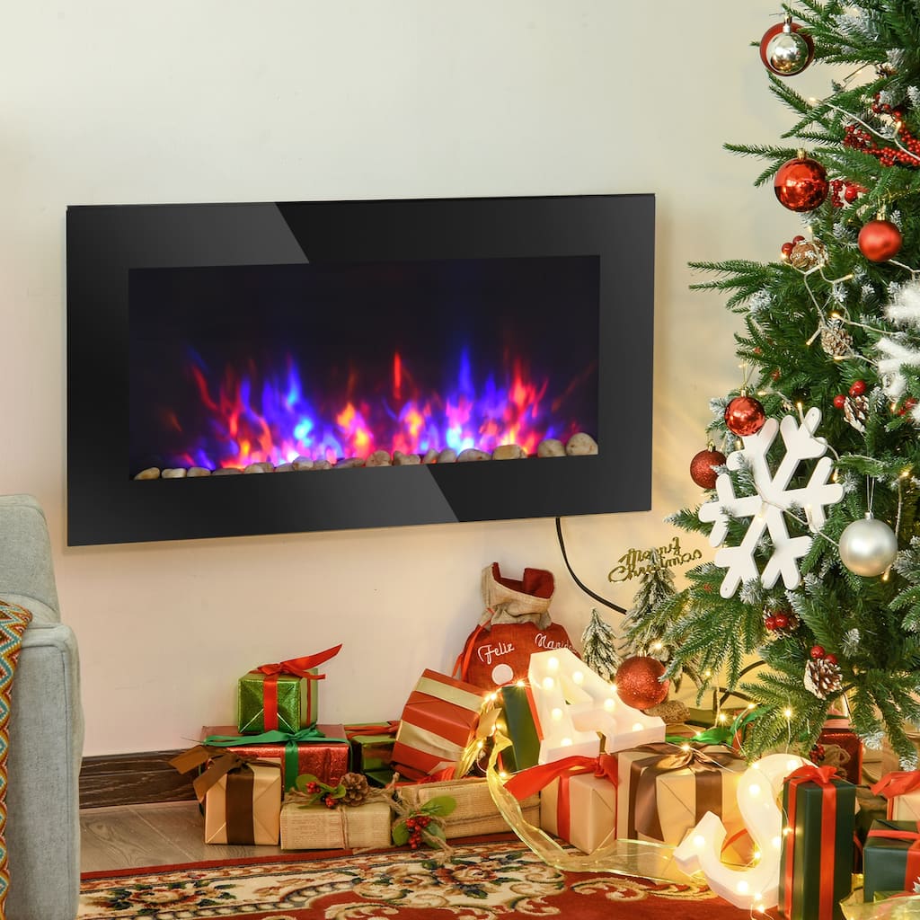 HOMCOM 35.75" 1500W Electric Wall-Mounted Fireplace with Flame Effect, 7 Color Background Light and Side Light, Black