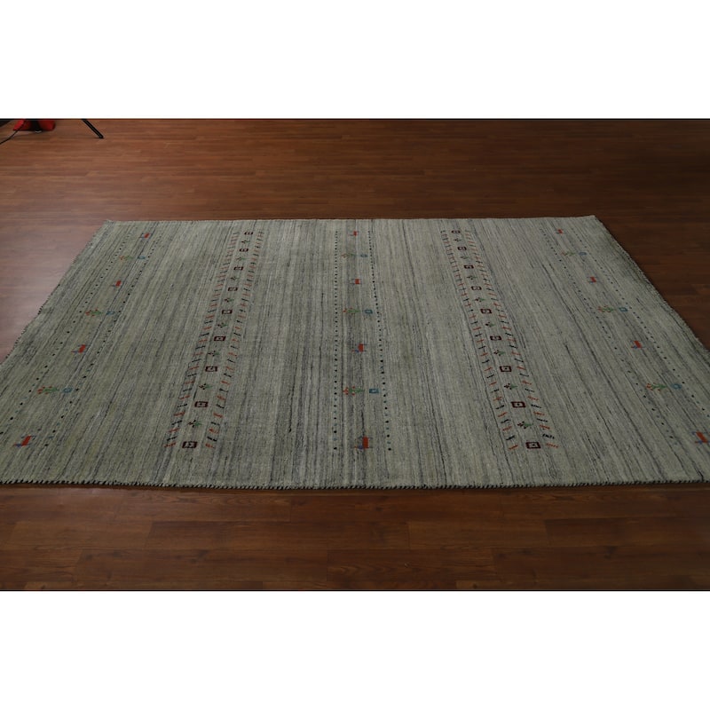 Hand Knotted Oriental 100% Wool Carpet Tribal Animal Pictorial Greys & Charcoal Gabbeh Area Rug - 8' 0'' X 5' 5''