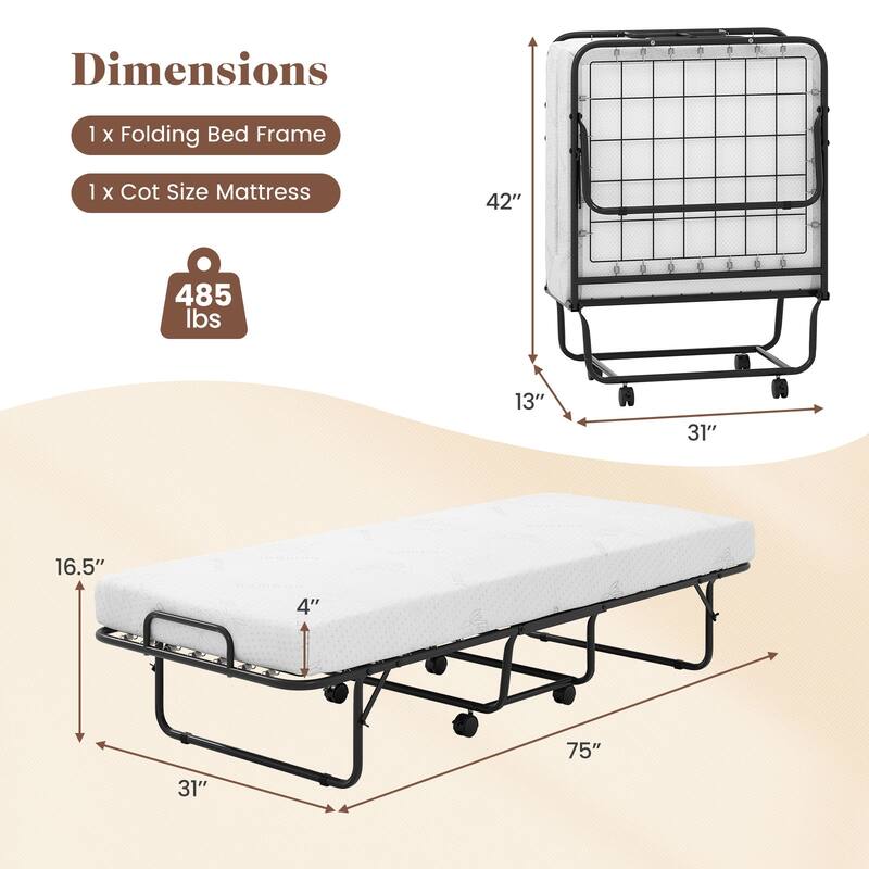 White Memory Foam Folding Guest Bed with Wheels and Metal Frame Support - 75" L x 31" W x 16.5" H