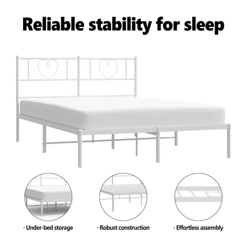 vidaXL Queen Metal Bed Frame with Headboard, White, No Mattress - 81.5" x 61.4" x 35.4"