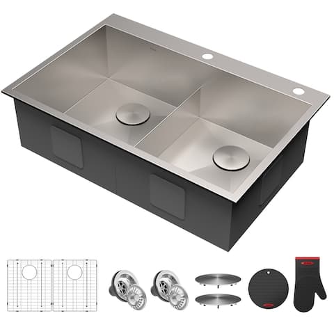 KRAUS Pax Stainless Steel 33 inch 2-Bowl Drop-in Kitchen Sink