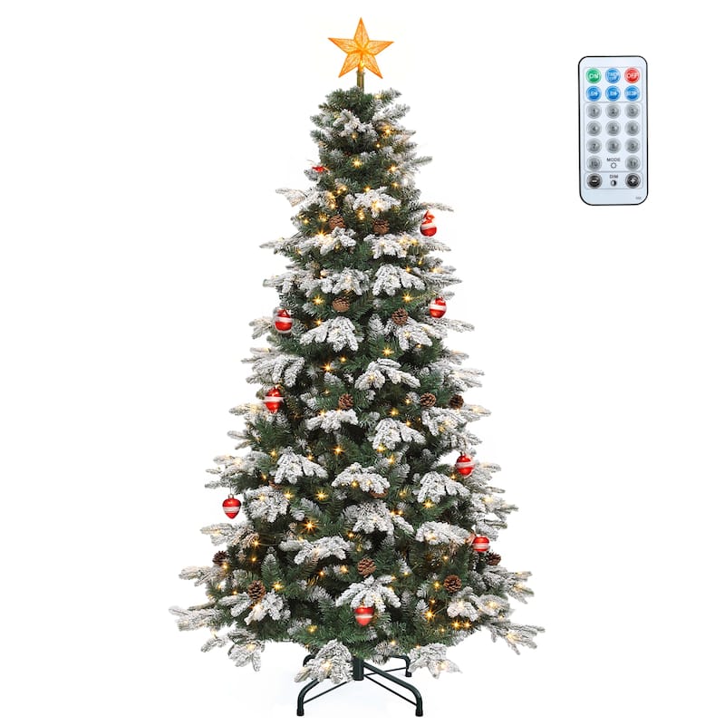 Moasis 7.5ft Prelit Flocked Tiered Christmas Tree with Remote, 1200 Tips, 36 Pine Cones, 11 Light Modes