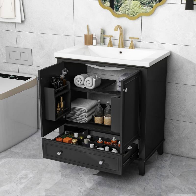 Bathroom Vanity with Ceramic Sink, Solid Wood & MDF Base, 1 Drawer & 2 Doors, Adjustable Shelf - 30in L Solid Wood+MDF