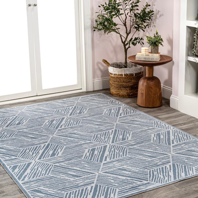 JONATHAN Y Koda Modern Coastal Geometric Machine-Washable Blue/Cream Area Rug