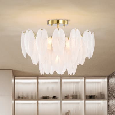Paula 7-Light Brushed Shiny Brass Glass Feather-shaped Flush Mount - 20.5 inches in diameter x 15 inches H