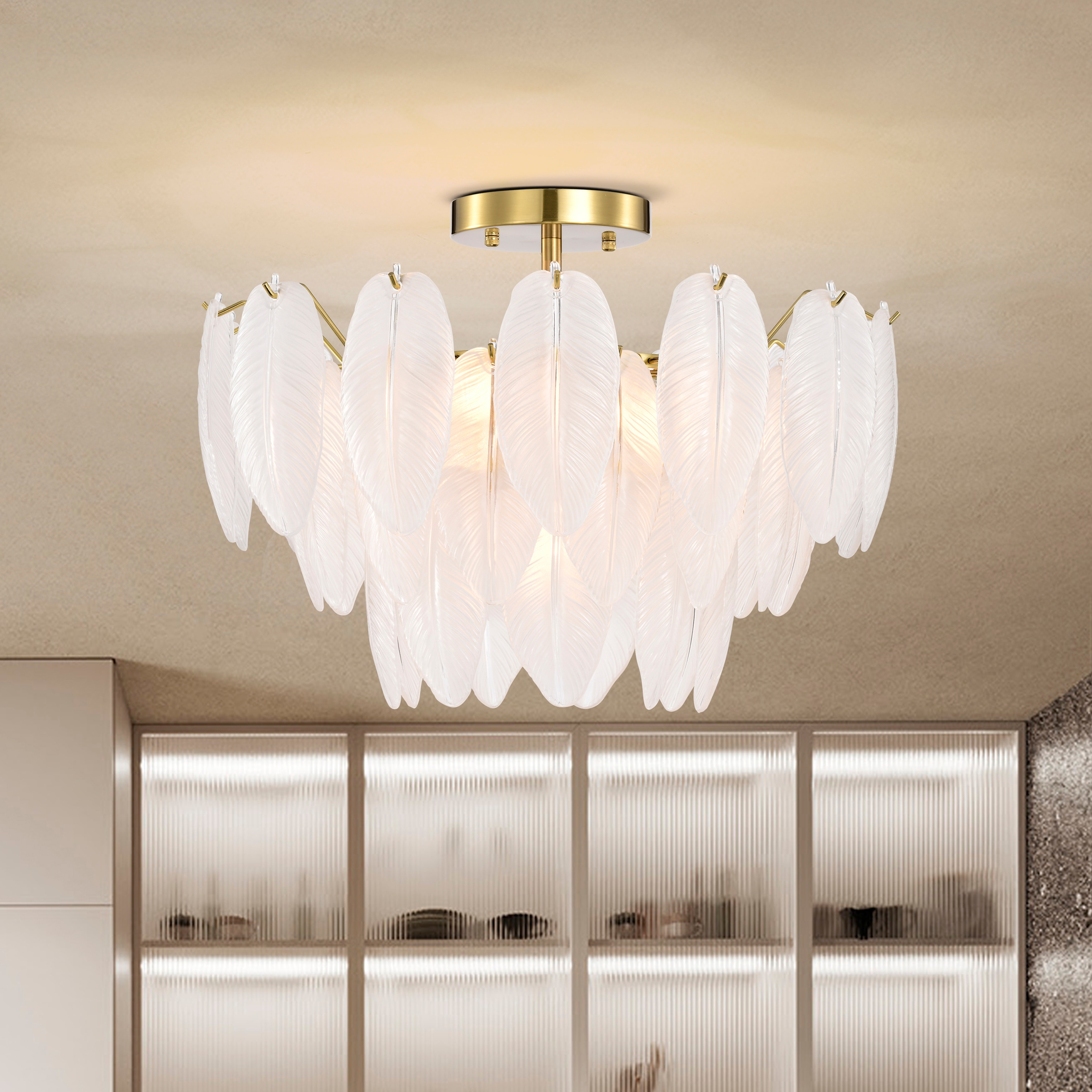 Jojospring Paula 7-Light Brushed Shiny Brass Glass Feather-shaped Flush Mount - 20.5 inches in diameter x 15 inches H