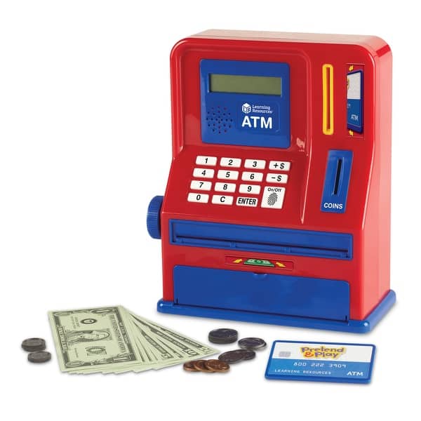 slide 2 of 5, Learning Resources Pretend and Play Teaching ATM Bank Red, Blue - Kids