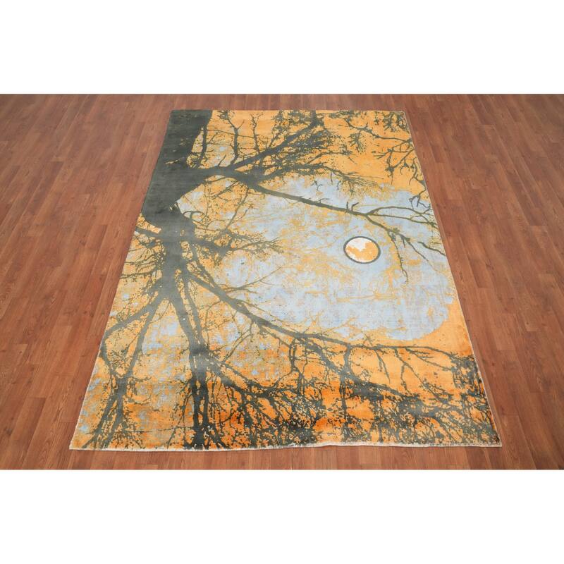 Hand Knotted Oriental Viscose Silk Carpet Modern Pictorial Oranges & Rust Abstract Area Rug - 7' 8'' X 5' 5''