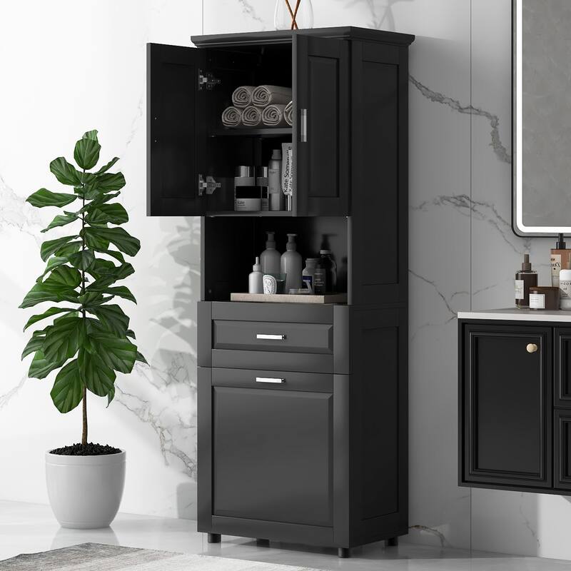 Freestanding Tall Bathroom Double Door Storage Cabinet with Removable Laundry Basket, Open Shelf, Drawer and Adjustable Shelf