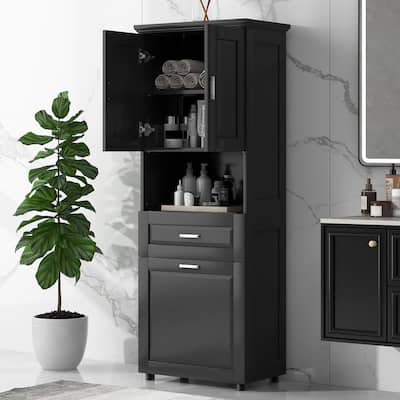 Tilt Out Laundry Hamper Tall Bathroom Cabinet Laundry Organizer with Drawer, Shelf and Upper Storage Cabinet, Black