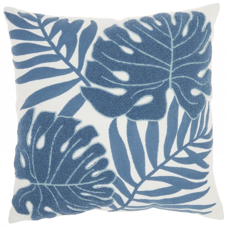 HomeRoots Blue and Ivory Tropical Leaves Throw Pillow