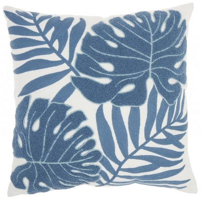 HomeRoots Blue and Ivory Tropical Leaves Throw Pillow