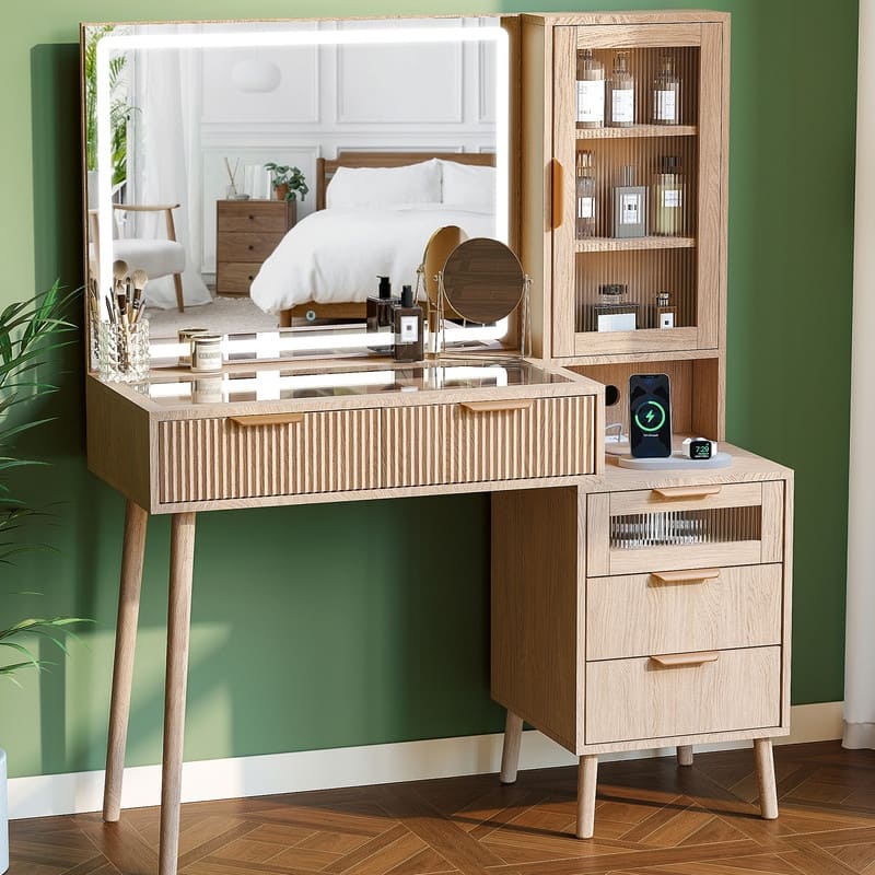 Fluted Makeup Vanity Desk with Mirror and Lights 5 Drawers