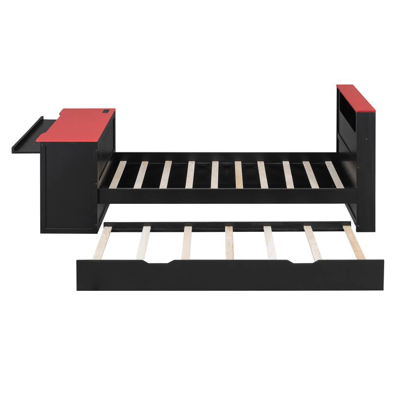 Wood Daybed with Trundle & Built-in Desk, LED Lights & USB Charging Port, Available in Full or Twin