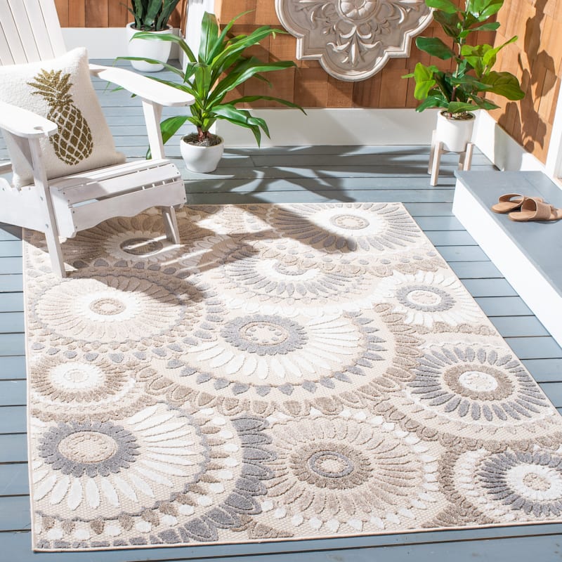 SAFAVIEH Cabana Mrinal Indoor/ Outdoor Waterproof Patio Floral Rug - 5'3" x 7'7" - Grey/Ivory