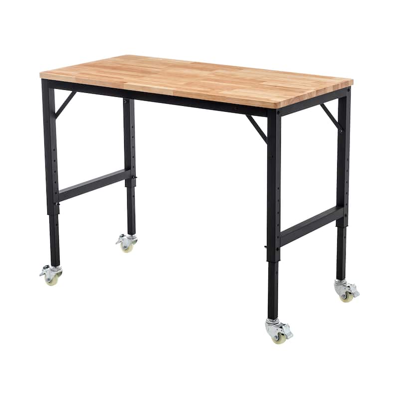 48" Heavy-Duty Adjustable Workbench for Garage, Rubber Wood shop table W/Metal Wheels, Hardwood Workstation