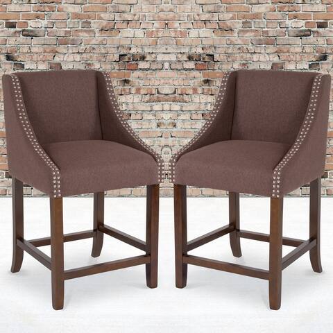 Brown Fabric Upholstered Counter Height Dining Stools with Nailhead Trim