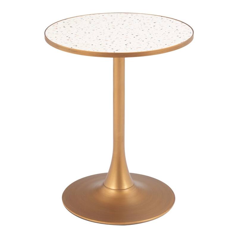 HomeRoots 24" Beige and Gold Wood and Steel Pedestal Base Round Top Dining Table - 24.00 in. x 29.90 in. x 24.00 in.