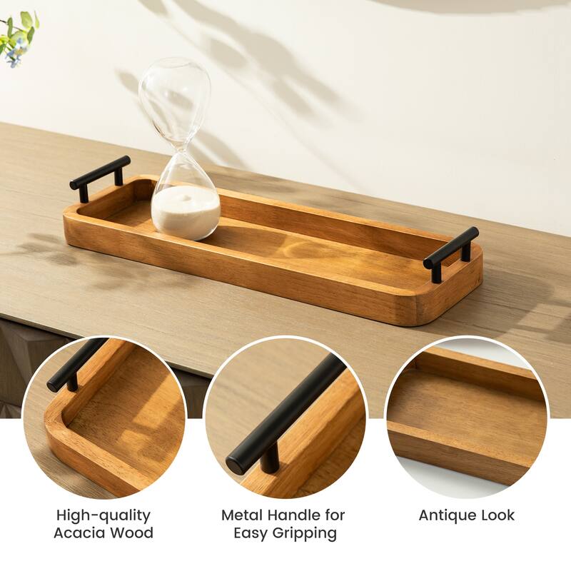 Glitzhome Set of 2 Rectangle Antique Wood Decorative Trays with Metal Handles