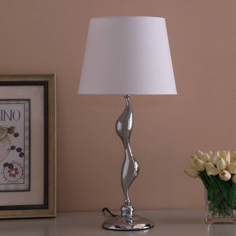 Silver Metal Bedside Lamp with White Linen Empire Shade - 12” x 12” x 24” (D x W x H)