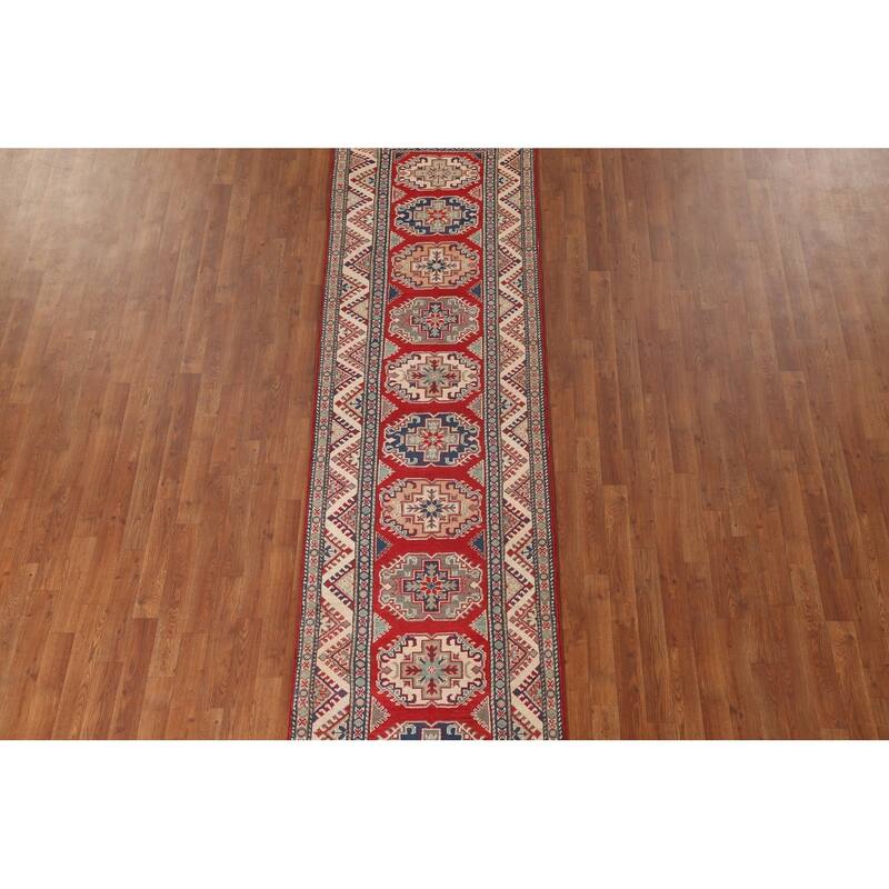 Geometric Red Kazak Runner Rug Handmade Oriental Wool Carpet - 2'9" x 10'8"
