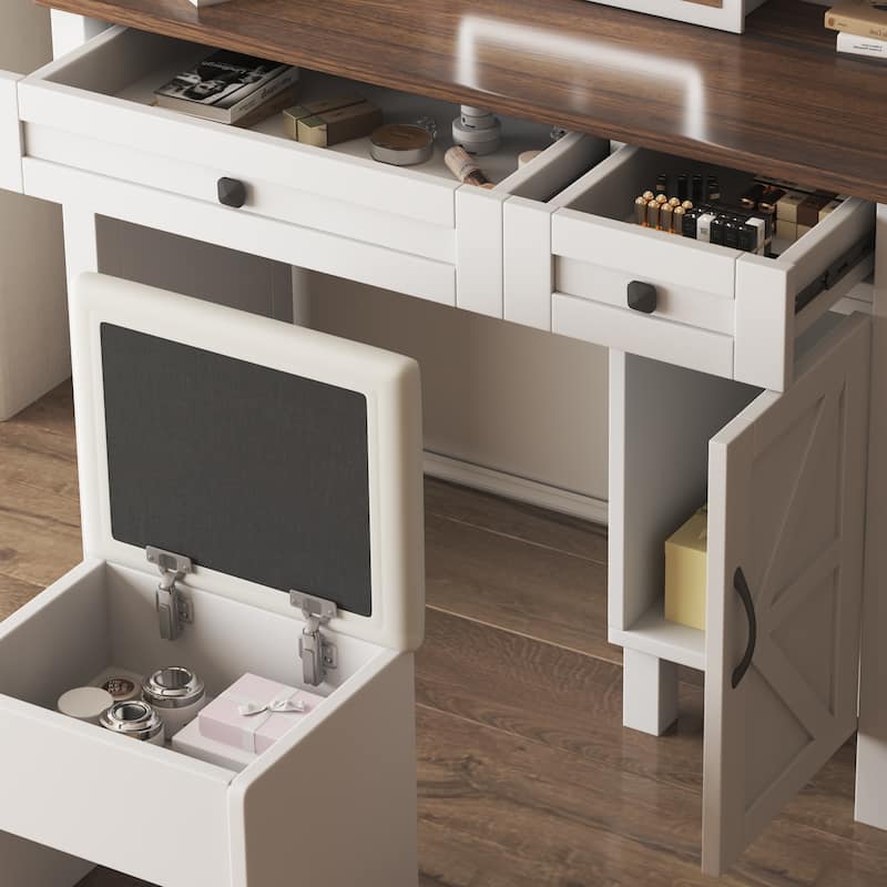 Makeup Vanity w/ Sliding Mirror,Light,Hairdryer Holder,Charging Socket