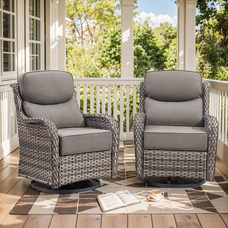 Outdoor Swivel Glider Rattan Chair Set - 2PCS Swivel Chair - Grey Rattan - Grey Cushion