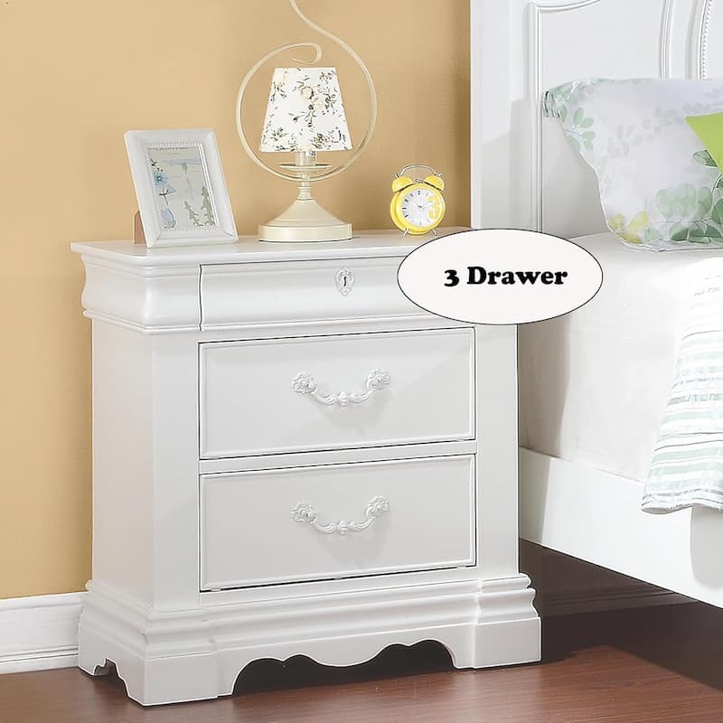 Pine Wood Nightstand with 3 Drawers - White