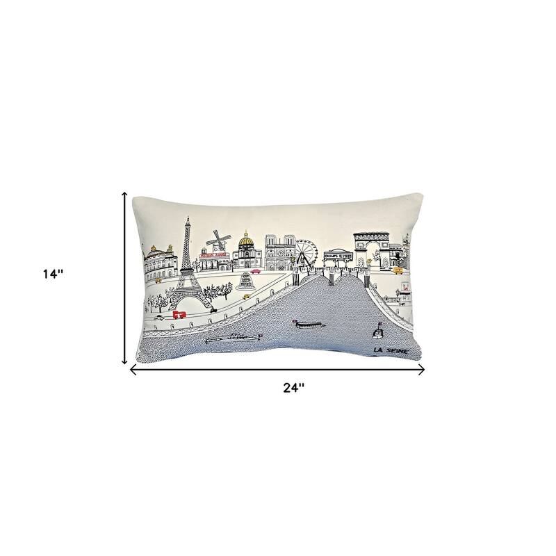 HomeRoots 25" White Paris Daylight Skyline Lumbar Decorative Pillow