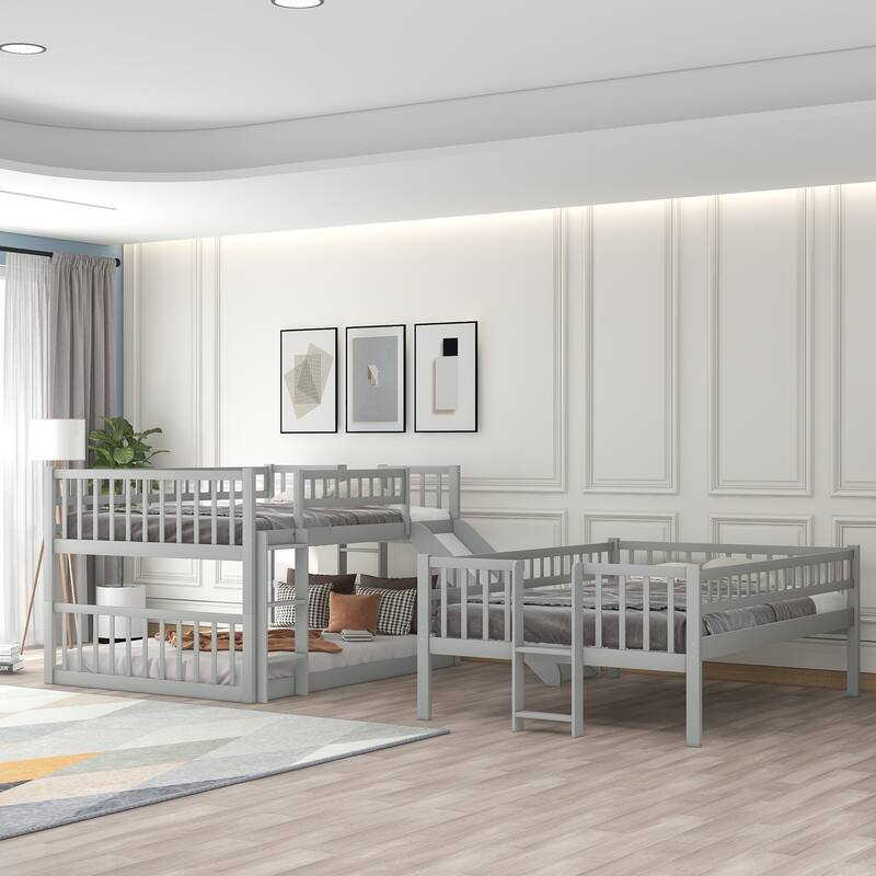 Triple Bunk Bed with Built-in Ladder, Slide, and Guardrails, Gray Finish