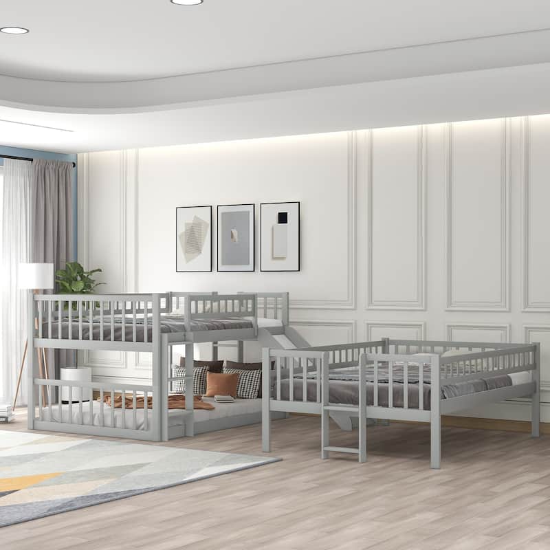 Wooden Triple Bunk Bed with Ladder, Guardrails and Slide, Detachable Full Over Full Over Full Bed Frame Convertible 3 Beds