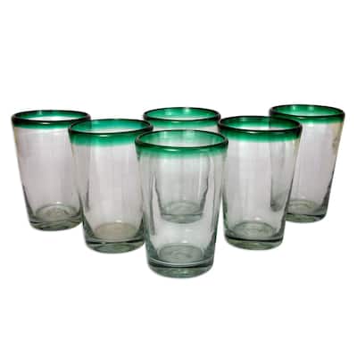 Handmade Blown Green Rim Conical Drinking Glasses (Mexico) - 6.0" H x 3.9" Diam.